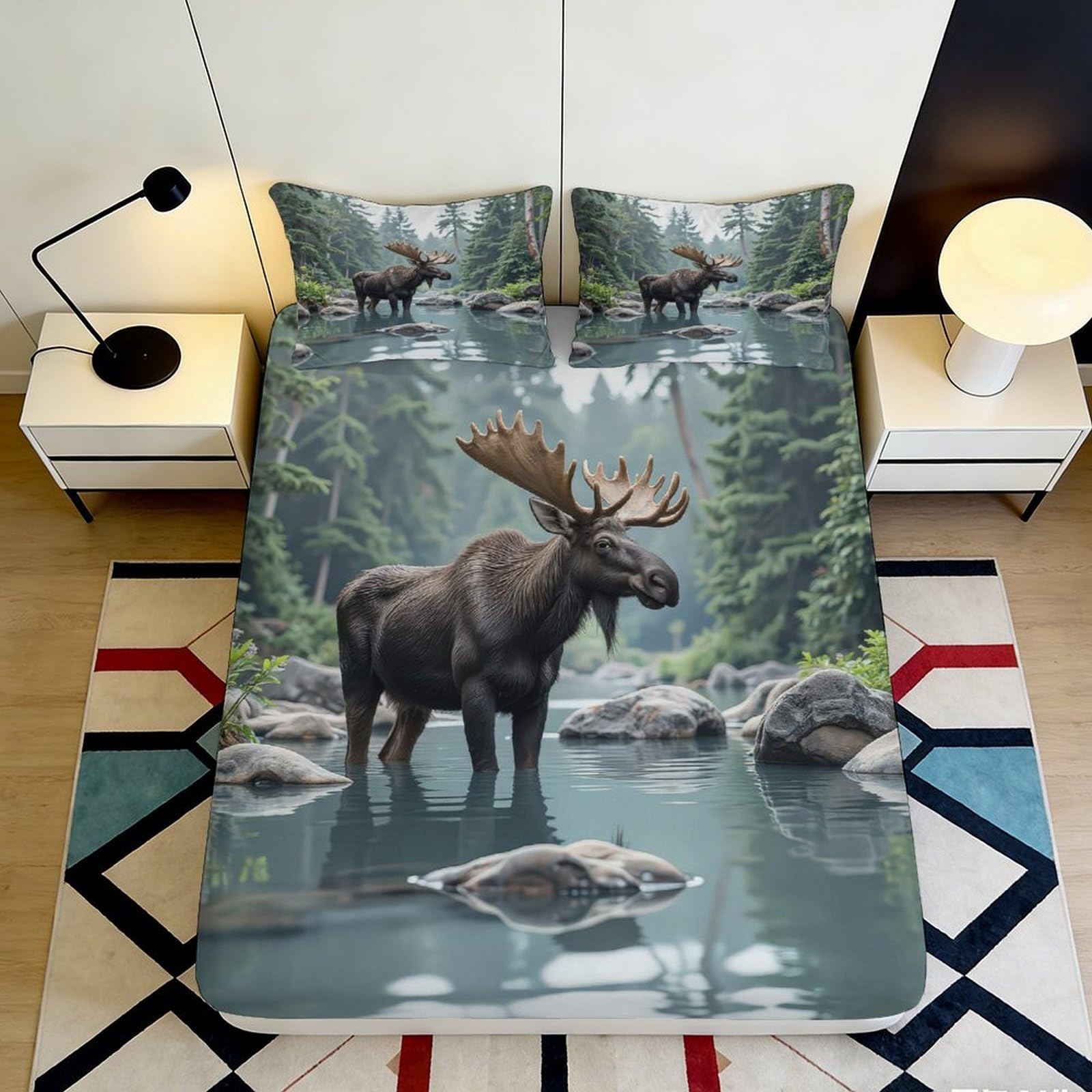 3D Printed Forest Moose Fitted Sheet Microfiber Soft Breathable River Scene Bed Cover for Bedroom Guest Room Decor 90x200x25cm