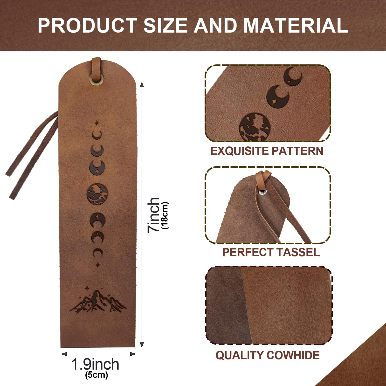 MAYJOYDIY 4pcs Moon Phase Mountain Leather Bookmarks 5×18cm Handmade Genuine Leather Book Markers Landscape Star Cowhide Page Markers with Tassel for Writers Book Lovers Bookworms - Image 2