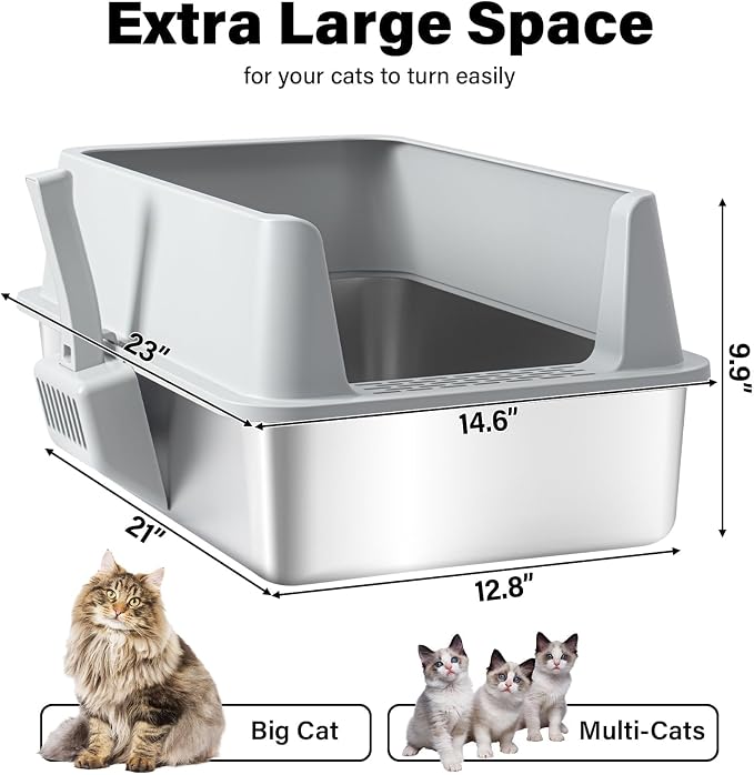 Arenero de Acero Inoxidable Extra Grande para Gatos Grandes con Tapa y Alta Sides, Antiblegadas y Fácil Limpieza miniatura 2