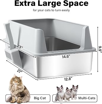 Stainless Steel Litter Box, XL Metal Cat Litter Boxes for Big Cats | High Sided, Anti-Urine Leakage, Never Absorbs Odors, Easy Cleaning, Non-Stick, Include Scoop and Mat