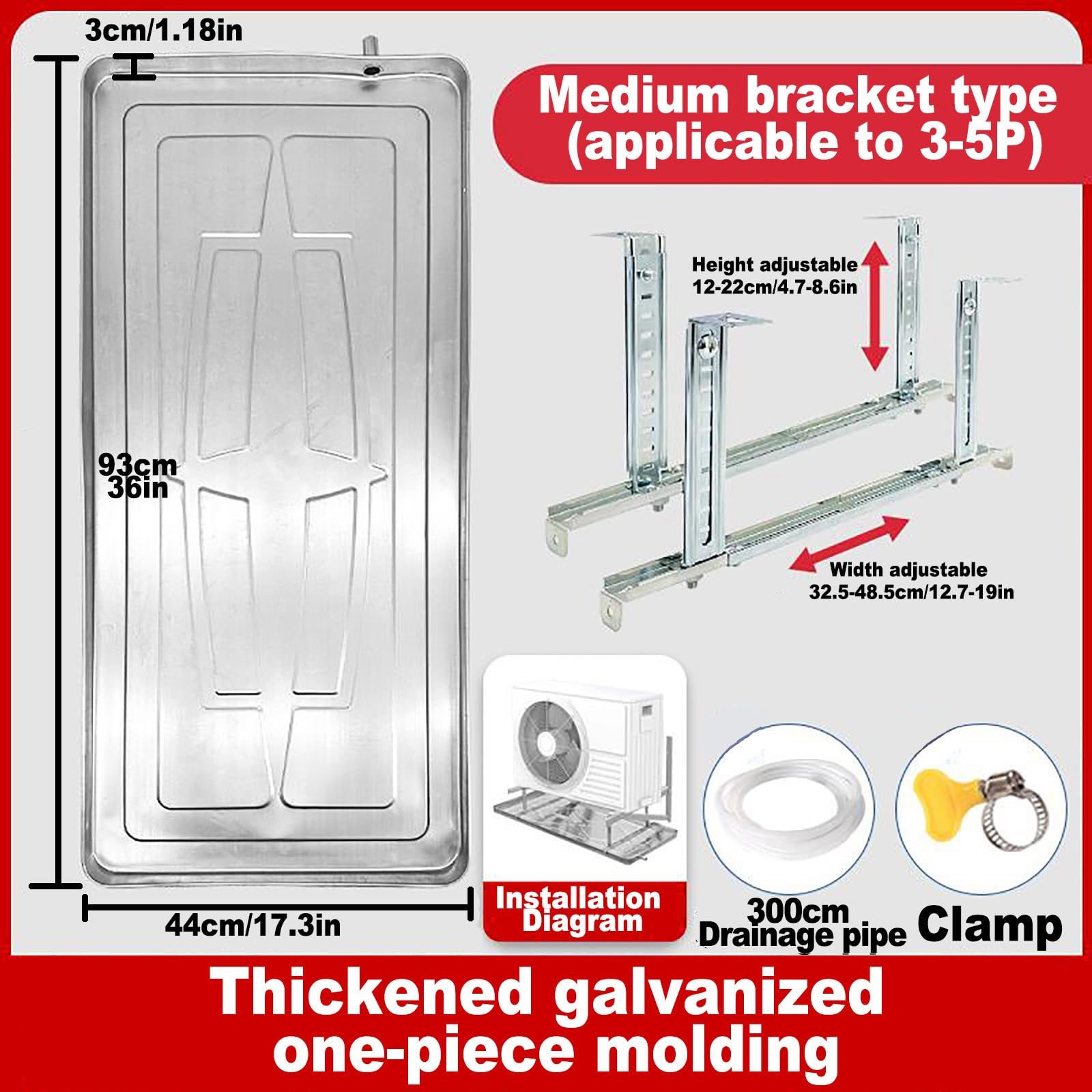 Condensate Drain Tray mit Halterungen Wasserauffangwanne 300 cm Abflussrohr für Fensterklimaanlagen Split-Klimaanlagen 93x44x3cm
