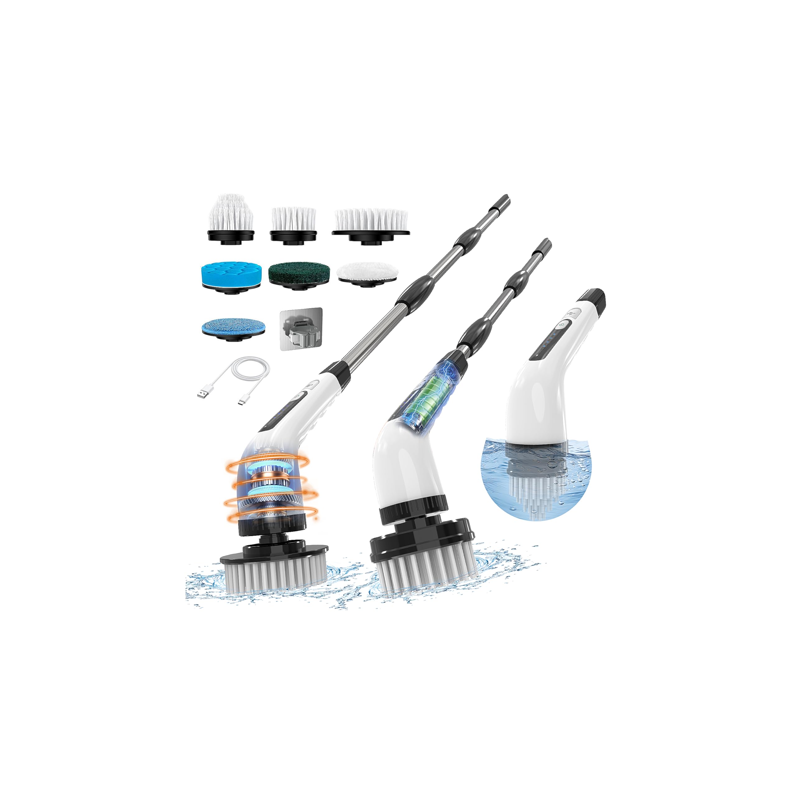 Electric Spin Scrubber Cordless Cleaning Brush Shower Scrubber with 7 Replaceable Brush 2 Speeds and Adjustable Extension Handle