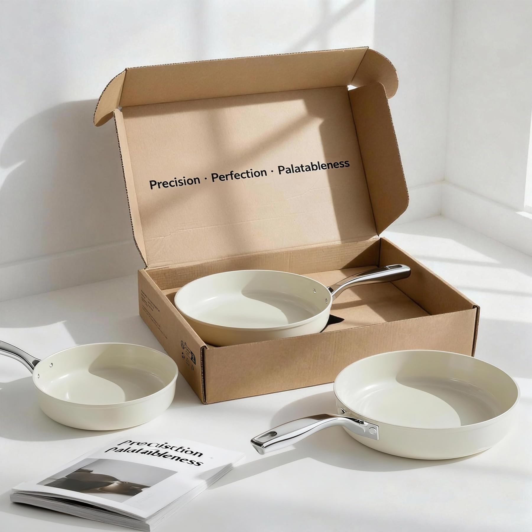 Padella Antiaderente Ceramica 20/24/28 cm, Set Padelle Antiaderenti Induzione, Lavabile in Lavastoviglie, Senza PFOA e PTFE, Adatte Per Forno, Beige