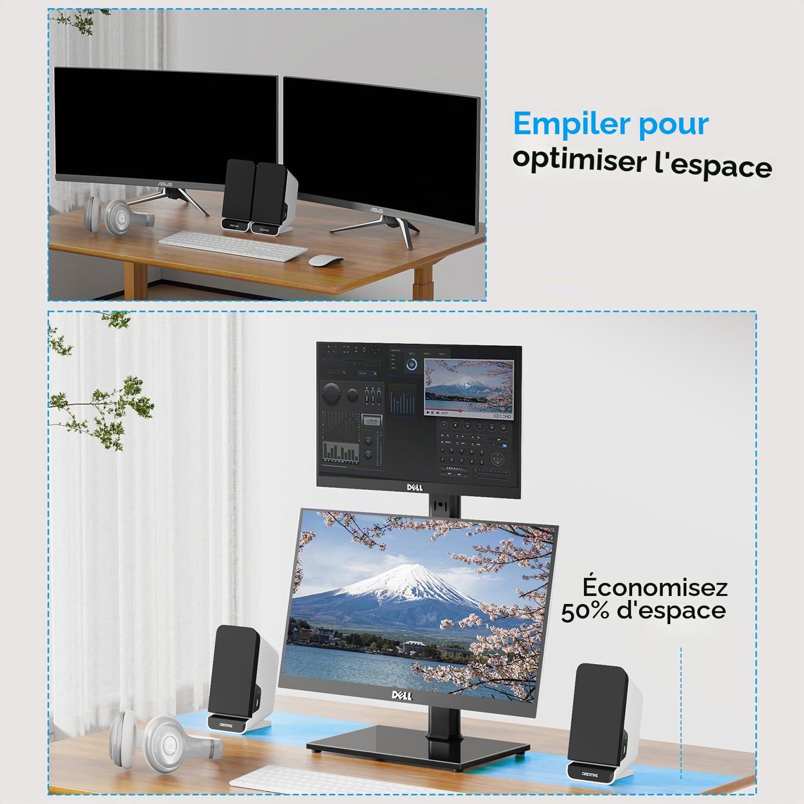 Support Double écran Support Ecran PC 2 Ecran pour Moniteurs de 13-34 Pouces, Support Vertical Double Écran Compatible VESA 75/100mm