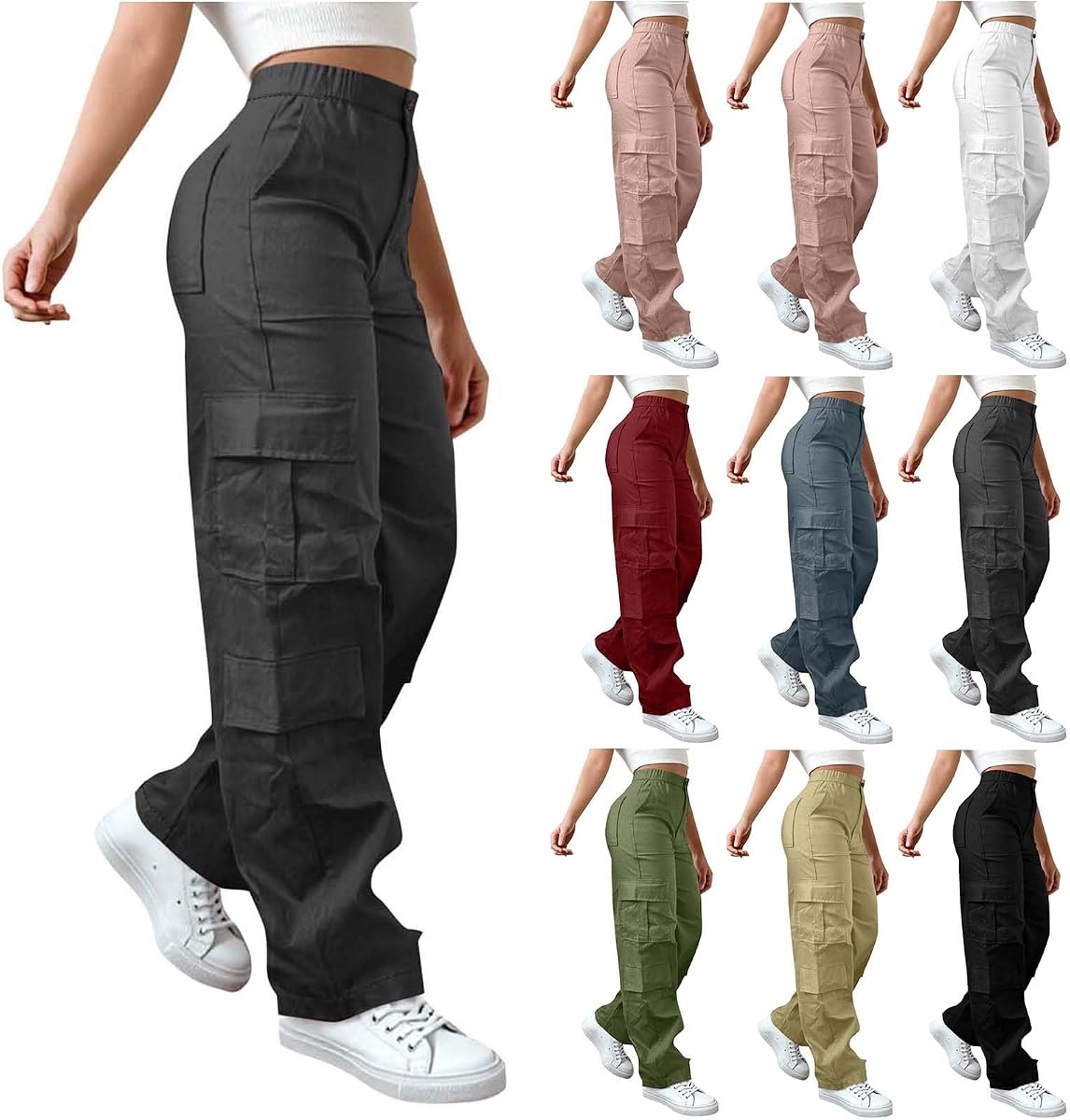 Cargo Pants Women Baggy High Waisted Wide Leg Stretchy Pants with Pockets Casual Lightweight Streetwear Clothes