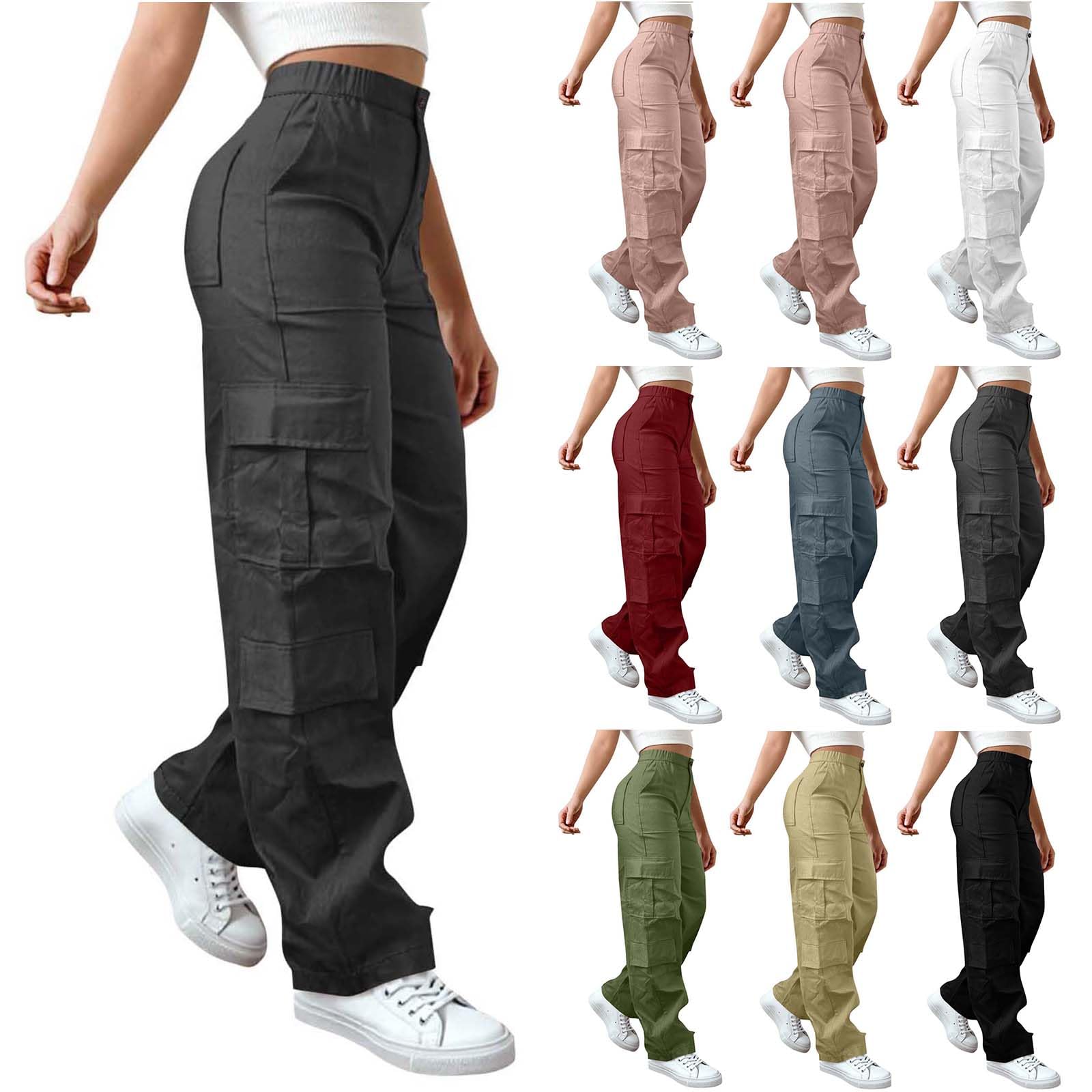 Cargo Pants Women Baggy High Waisted Wide Leg Stretchy Pants with Pockets Casual Lightweight Streetwear Clothes