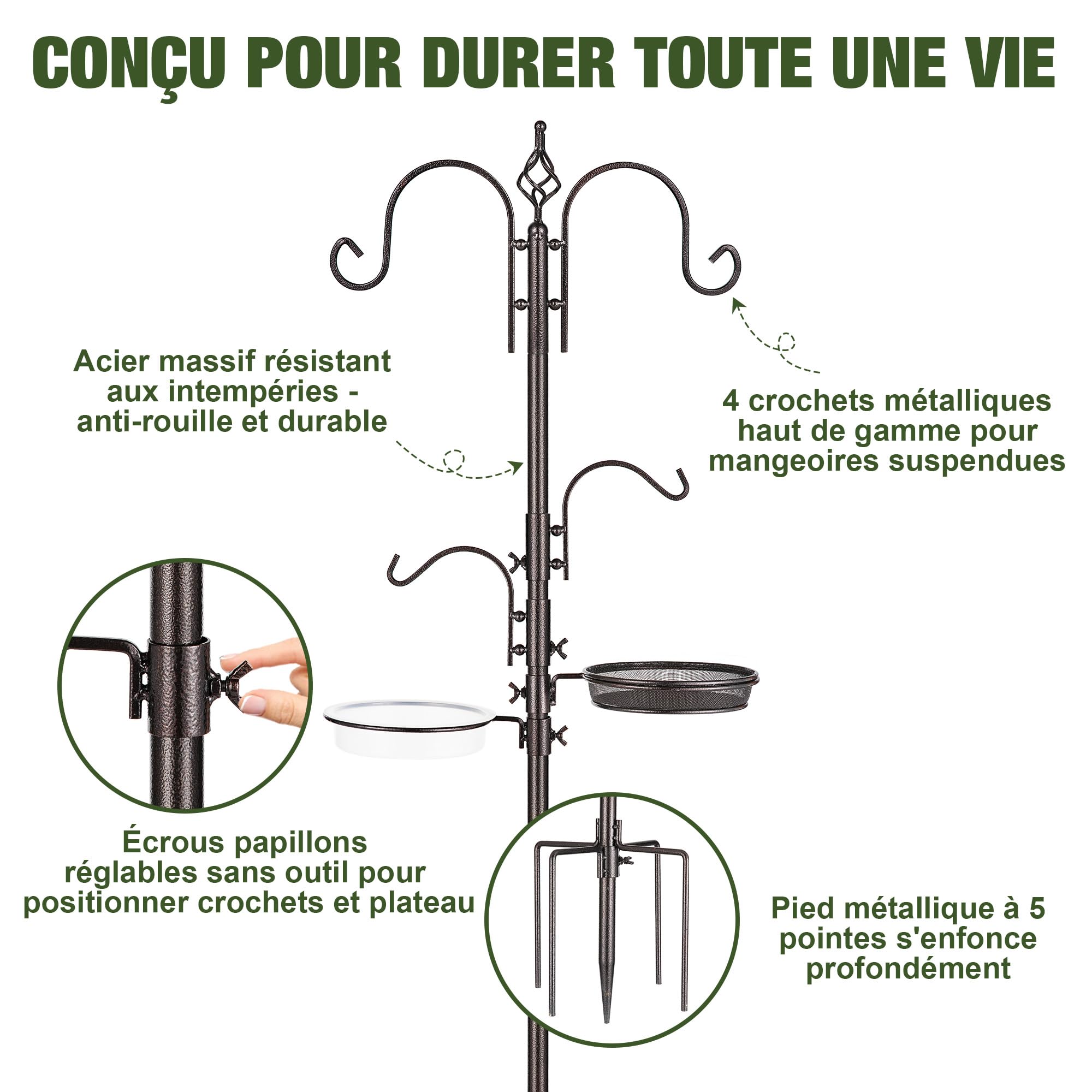 Urban Deco Mangeoire à oiseaux avec mât pour oiseaux sauvages avec mangeoire à suif en métal pour attirer les oiseaux sauvages
