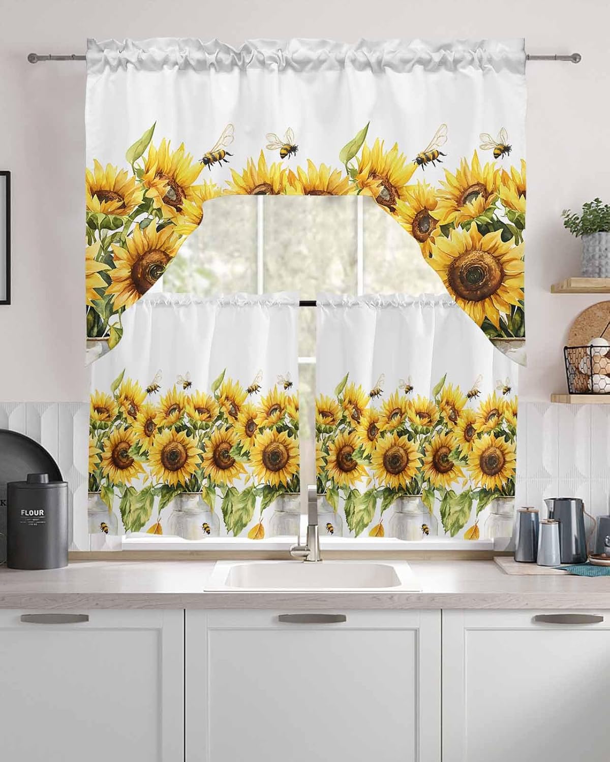 Sunflower Bee Kitchen Curtains Sets 24 Inch Length with Valance, Watercolor Yellow White Summer Spring Swag Valances and Tiers Curtain Set Drapes Swag Curtains for Living Room, Bathroom, Bedroom, Cafe