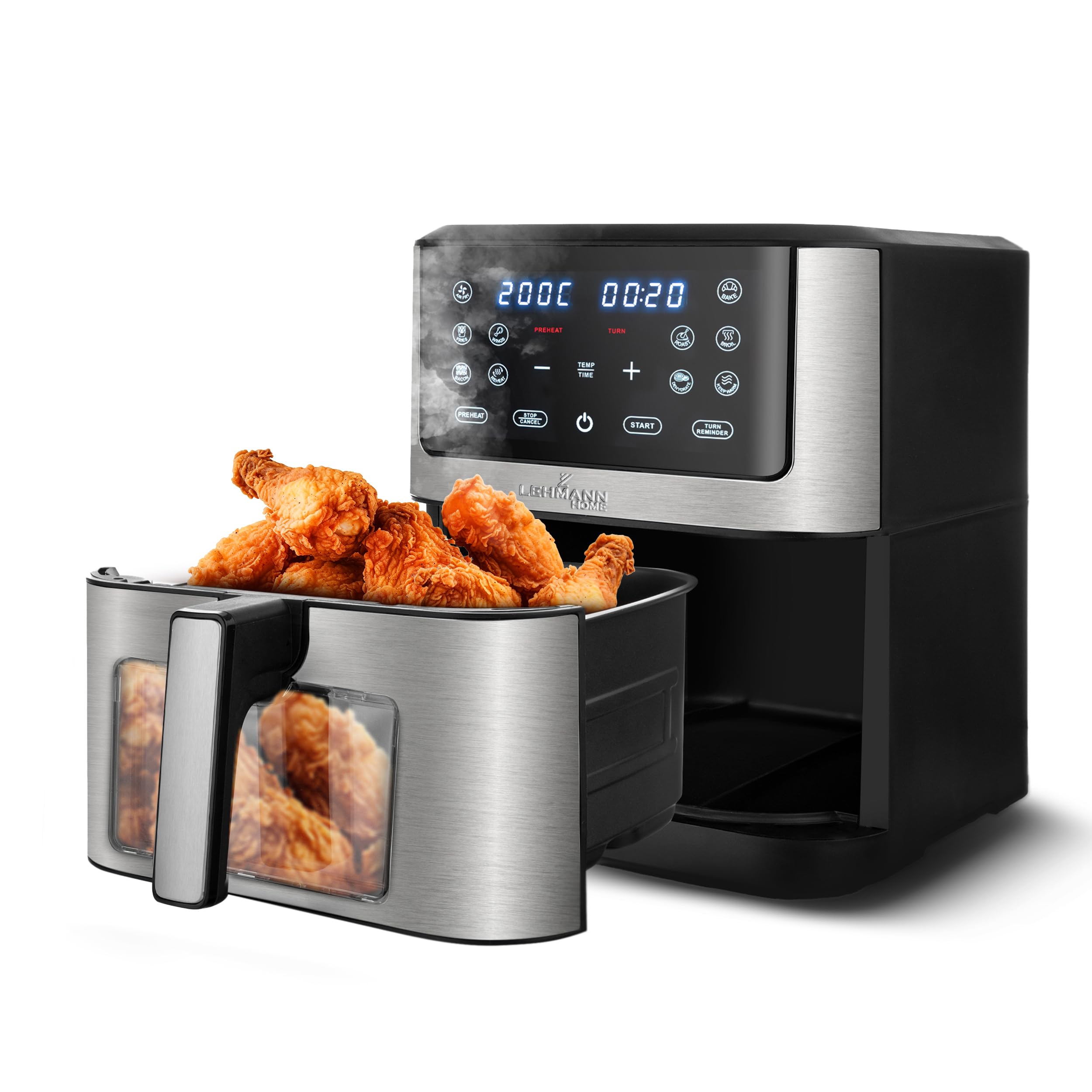 LEHMANN Friggitrice ad Aria 8 Litri XXL, 1800 W, Air Fryer con Finestra di Visualizzazione, 12 Programmi & Regolazione Manuale 76–200°C, Timer 1-60min, Rivestimento Antiaderente, Display Touch
