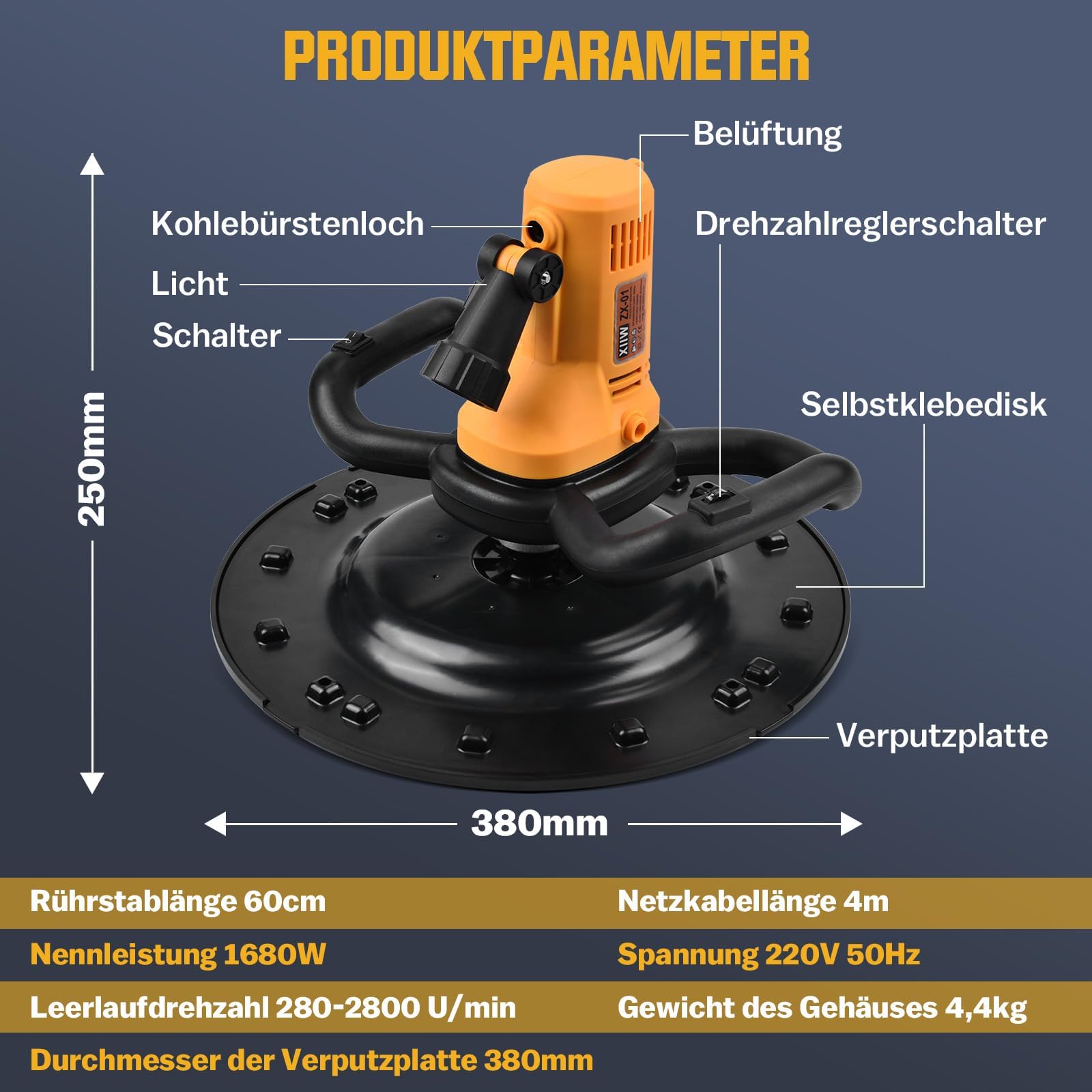 1680W 2in1 Elektrisch Putzglättmaschine & Rührwerk Ø380mm 280-2800UPM | 6 Gang, LED Putzbearbeitungsmaschine, Poliermaschine Putzmaschine Wandschleifer Betonglätter Beton Mörtel Rührer Handrührwerk