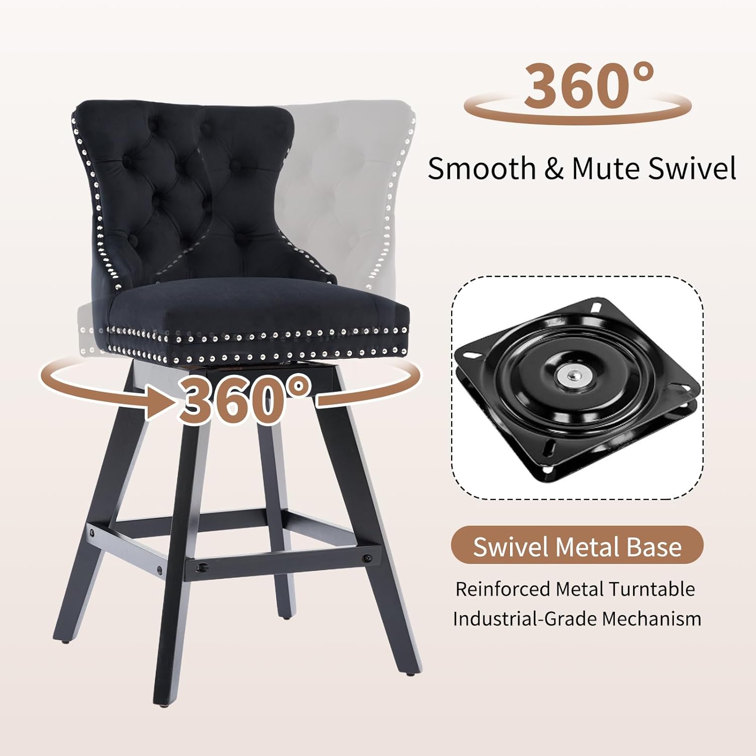 cinkehome Counter Height Swivel Bar Stools Set of 4, Velvet Upholstered Counter Bar Stools with Back, Bar Chairs with Solid Wood Legs for Kitchen Island Pub (Black, 26" H)