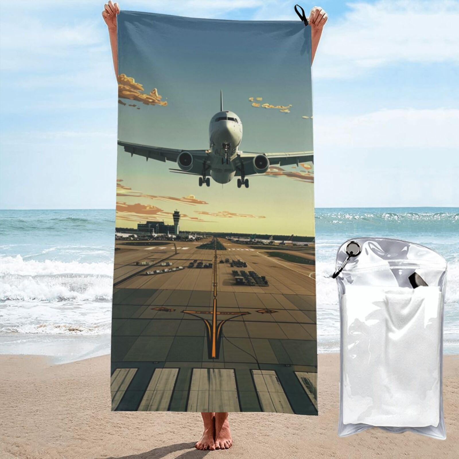 BWWHCCTI airport Printed Microfiber Quick Dry Beach Towel 80x160 CM, Fast Drying Bath Towels with Bags for Travel,Camping,Gym,Beach,Swimming,Yoga