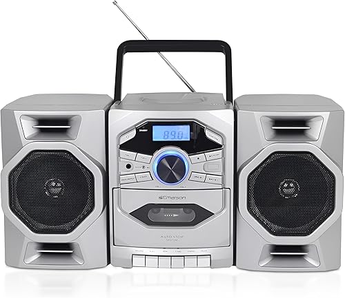Vista 11 de Emerson Reproductor de CD portátil Boombox con reproductor de cassette, grabador de cinta, radio AM/FM, entrada AUX MP3, altavoces desmontables
