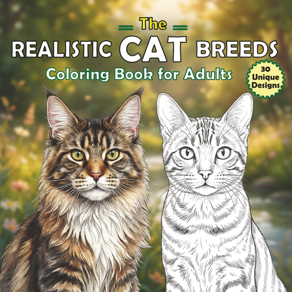 The Realistic Cat Breeds Coloring Book for Adults: Relaxing Designs Featuring Persian, Maine Coon, Siamese, Bengal & Ragdoll for Stress Relief