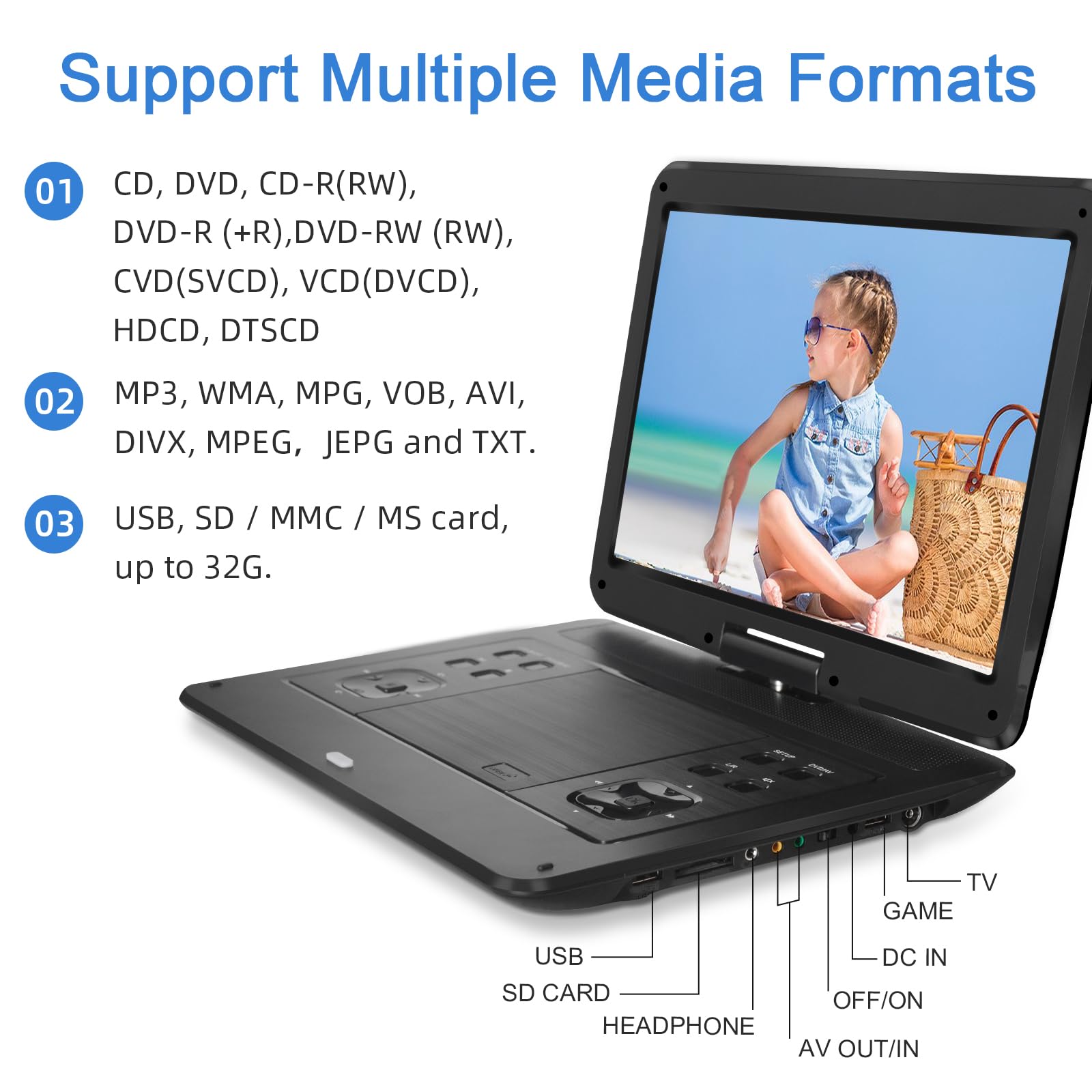 HOPYOP Lettore DVD portatile da 17 pollici con schermo HD 14.1, batteria ricaricabile da 5 a 6 ore, supporta più formati di dischi, scheda SD, USB, sincronizzazione TV, doppio altoparlante ad alto