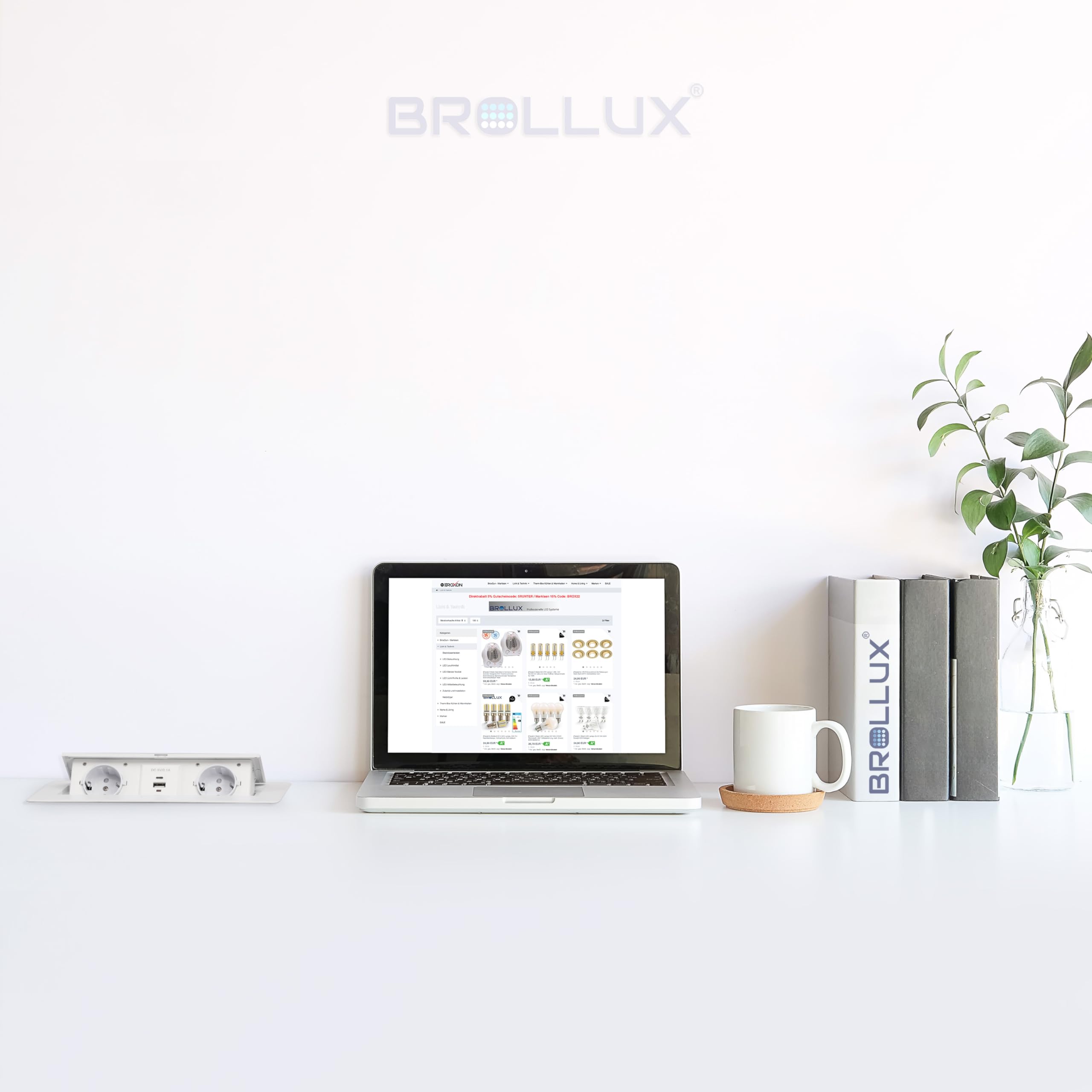 Brollux Enchufe empotrable retráctil de 2 enchufes con USB y USBC blanco con apertura suave de aluminio fundido por inyección de 1,5 m cable de conexión