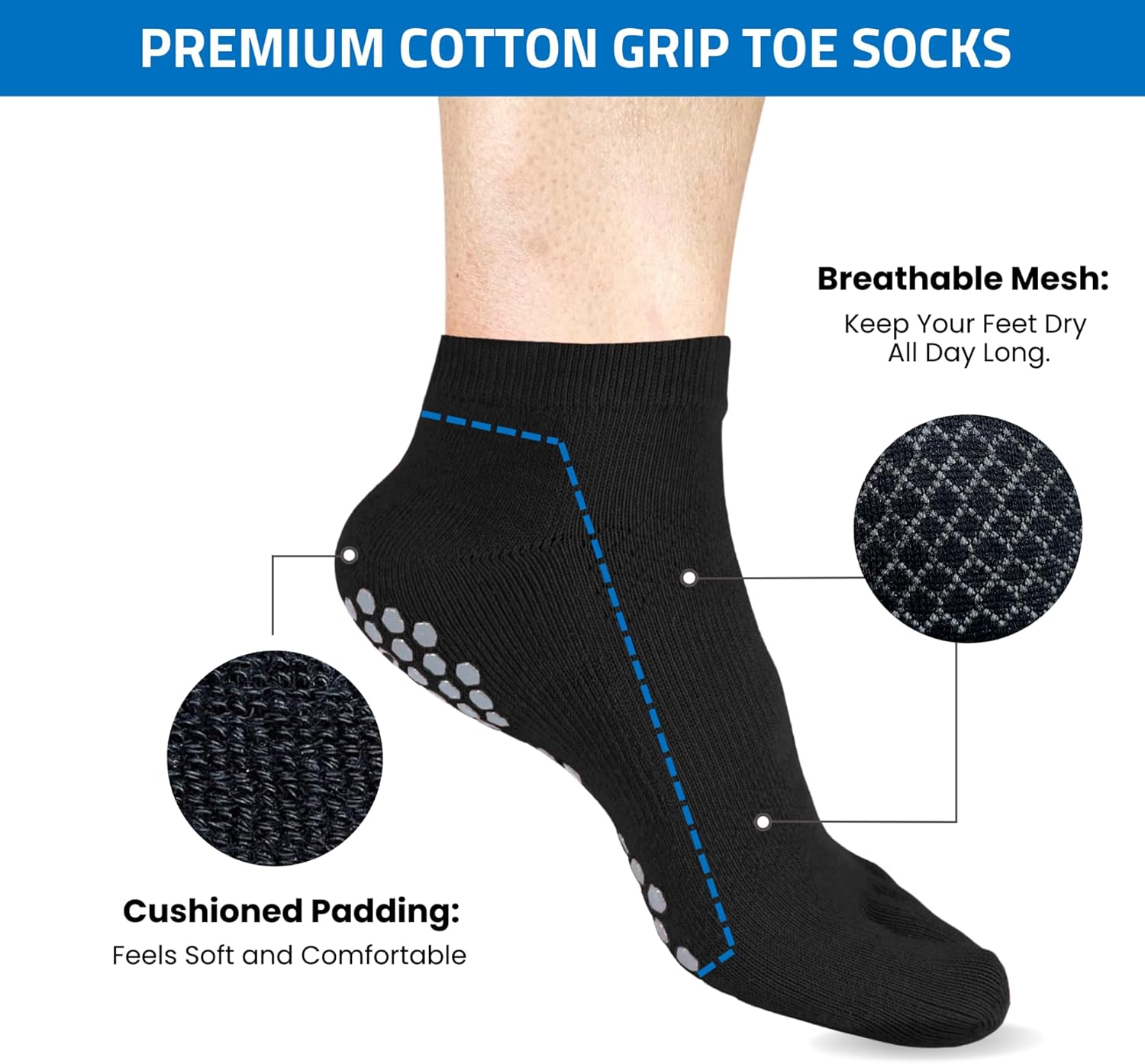Soxsense Multi-Pack Sports Grip Toe Socks with Cushion, Non-Slip Finger Socks for Pilates, Home Gym, Soccer, basketball - Image 2