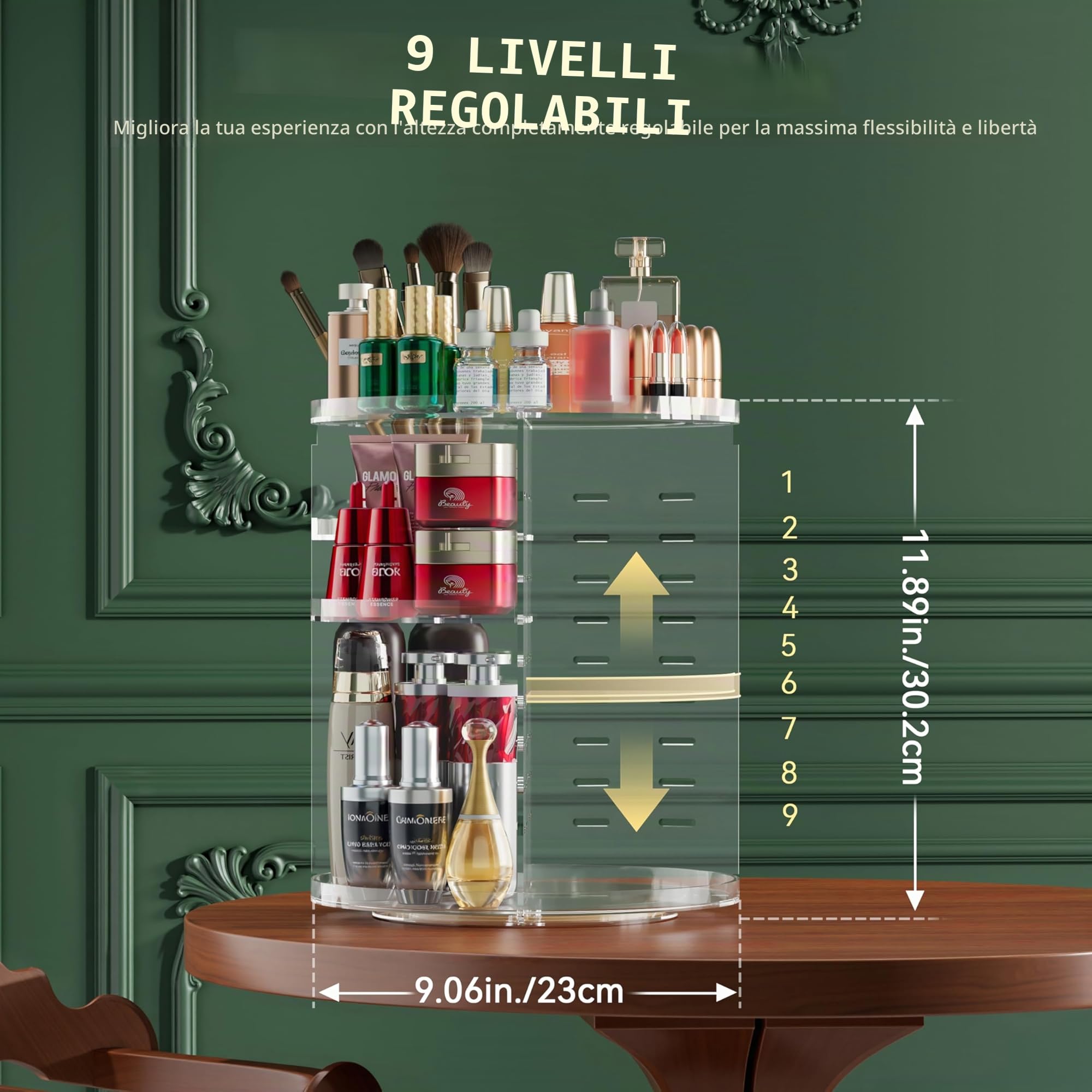 Auxmir Porta Trucchi Rotante a 360°, Organizer Trucchi Multifunzione, Organizzatore Cosmetici 9 Ripiani Regolabili, Grande Capacità, Adatto a Crema Profumo Pennelli per il Trucco (Trasparente)