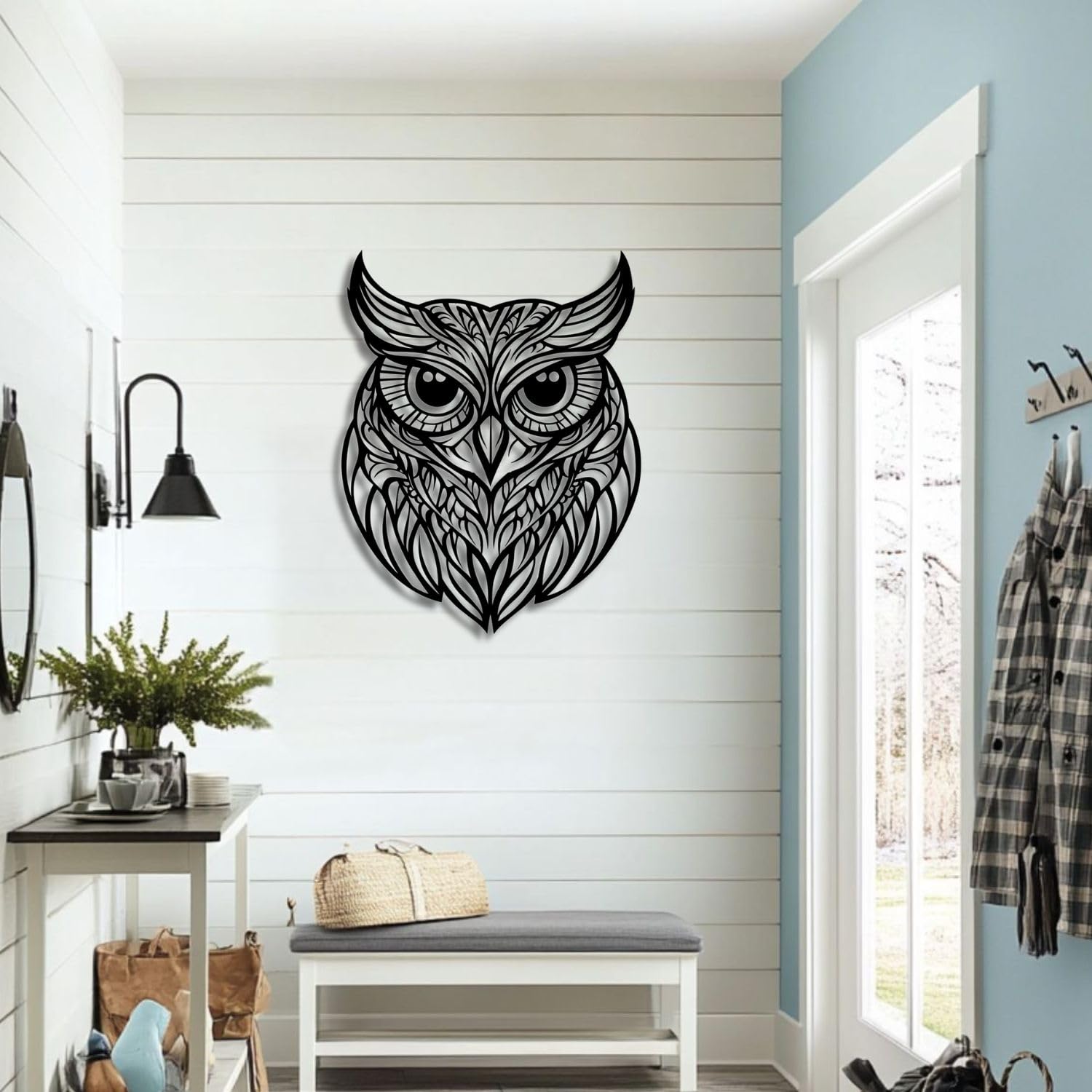Décoration murale en métal hibou noir 76x76 cm pour salon et bureau modern