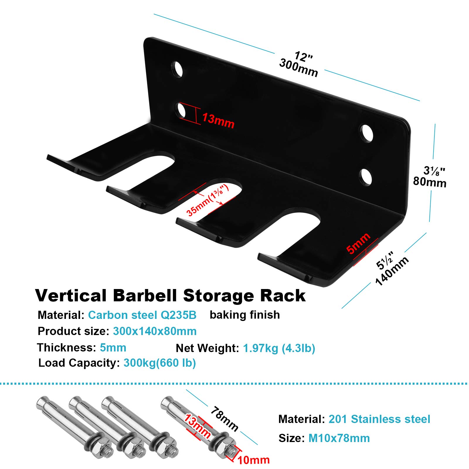 eoere 12 Inches Vertical Olympic Barbell Holder, 3 Bars Wall Mounted