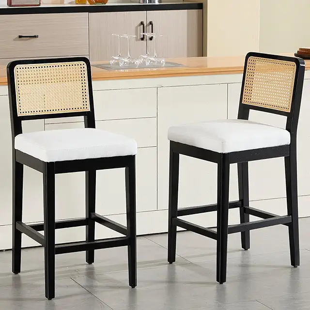 Set of 2 Black Rattan Bar Stools with Linen Cushion - Retro Wood Kitchen Stools