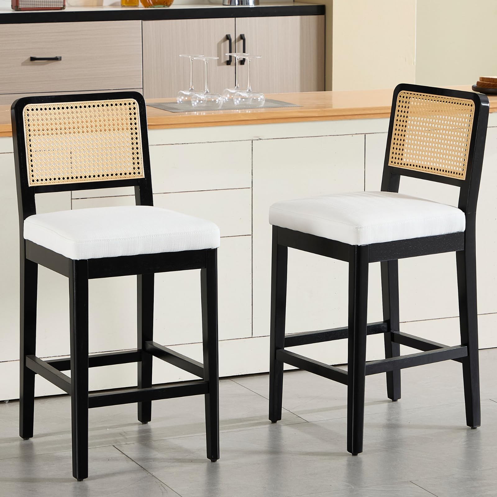 chairus Juego 2 de Sillas Altas de Cocina de Lino Taburetes de Bar Tapizado con Respaldo Ratán, Sillas de Barra con Patas de Madera Taburetes Altos de Bistró Modernos para Isla de Cocina, Negro