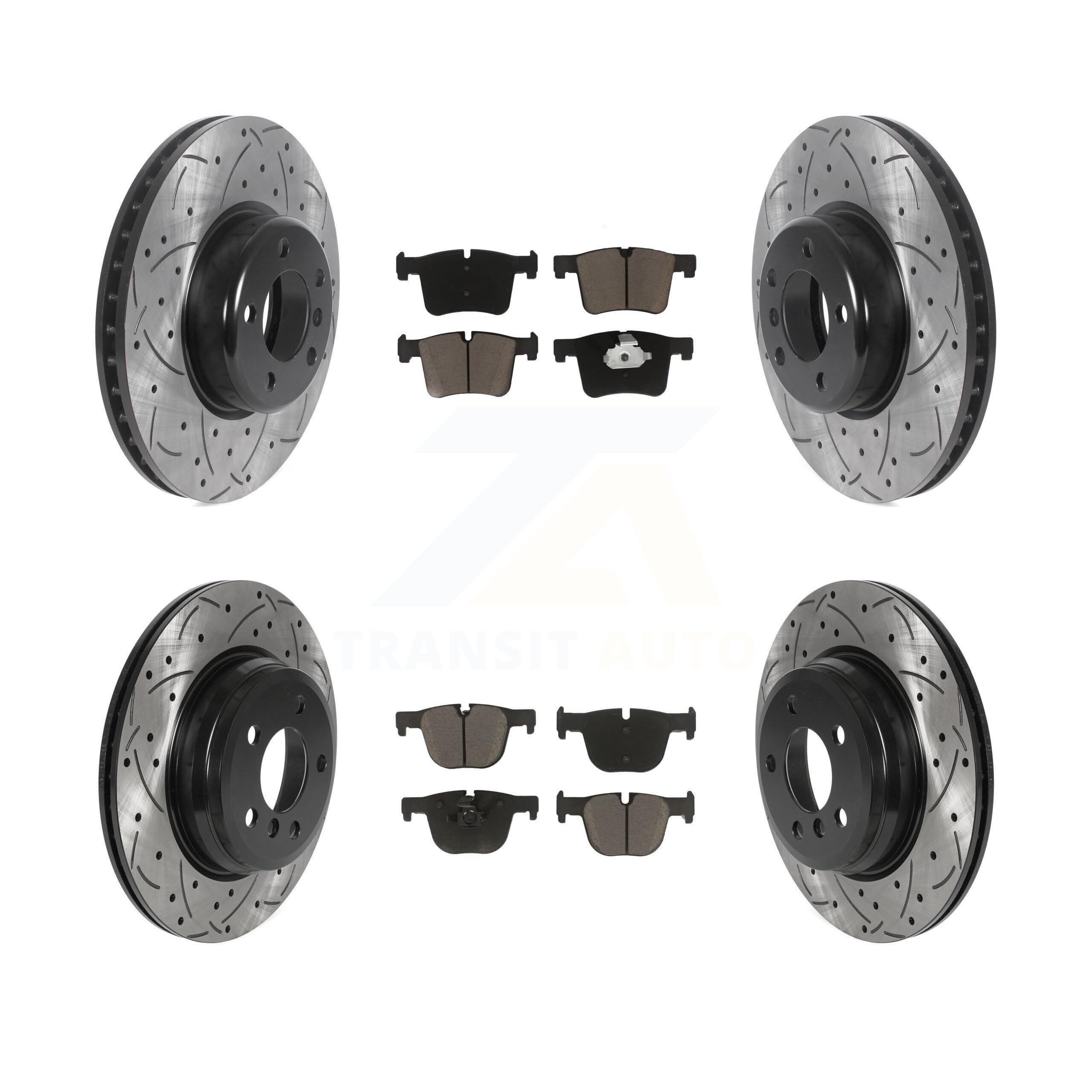 Transit Auto - Front Rear Coated Drilled Slotted Disc Brake Rotors And Ceramic Pads Kit For BMW 435i 335i xDrive GT Gran Coupe KDC-100335