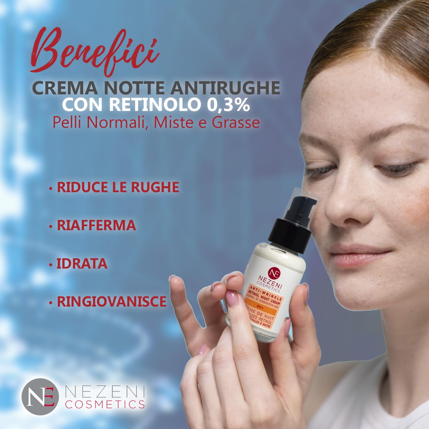 Nezeni Crema Notte 0,3% RETINOLO PURO Antirughe Donna/Uomo 27 Ativi | Riempitivo per Rughe Profonde con Acido Ialuronico | Crema Rassodante Viso, Collo e Décolleté | Pelle Normale, Grassa e Mista