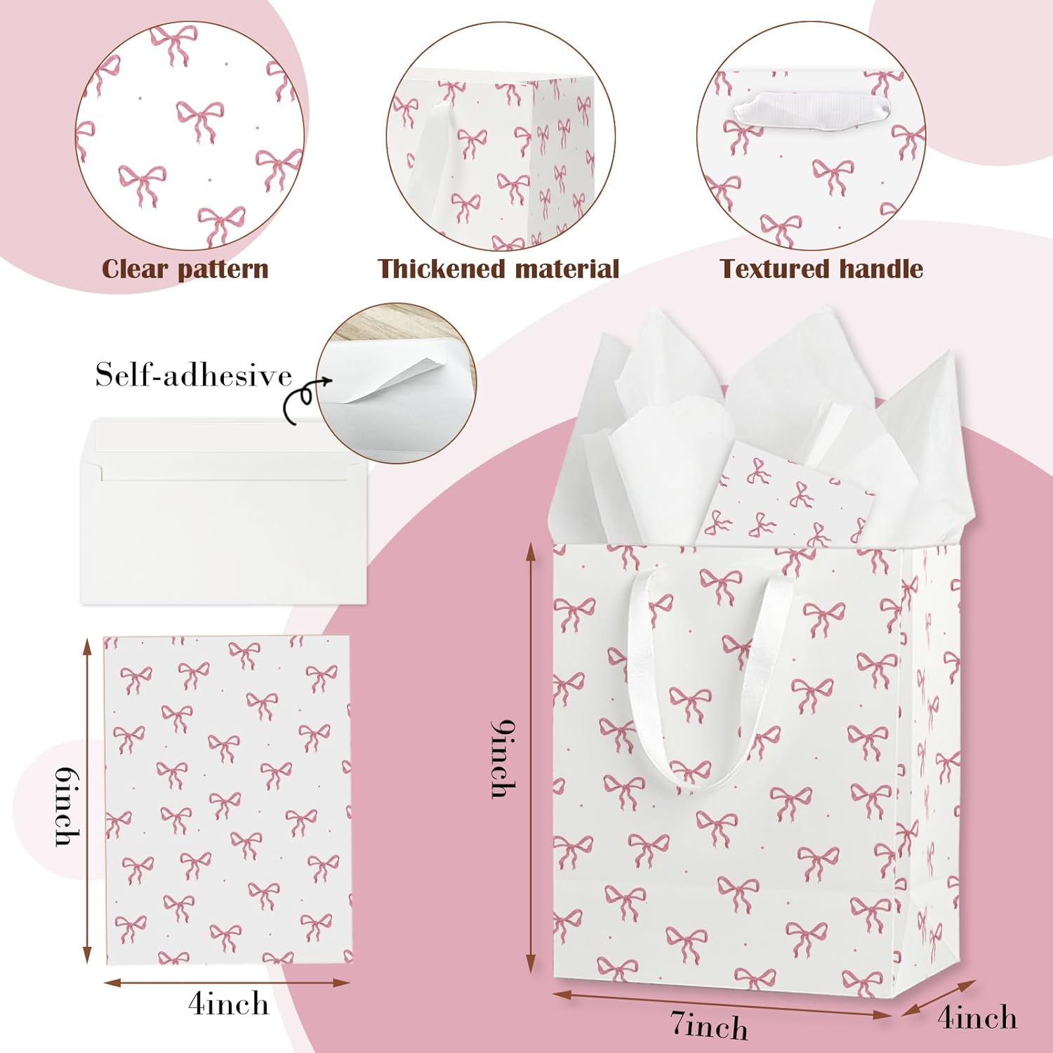 Coquette Charm Pink Bow Gift Bags Set of 6 - Medium Sized 9" Bags with Handles incl. Matching Tissue Paper, Cards in Pink for Girl- Reusable & For Presents of Any Birthday, Weddings，Bridal Shower - Image 3