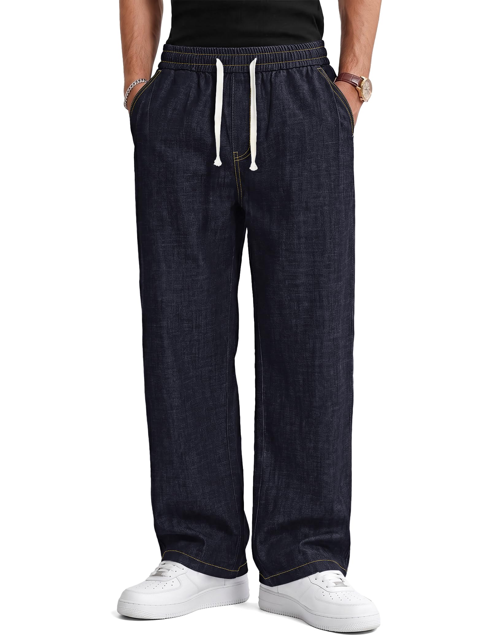 TARAINYA Hosen Herren Baumwolle Freizei Baggy S-4XL | Elastikbund mit Kordelzug, Lockerer Schnitt, Falten, 4 Funktionelle Taschen, Lässiger Denim-Style