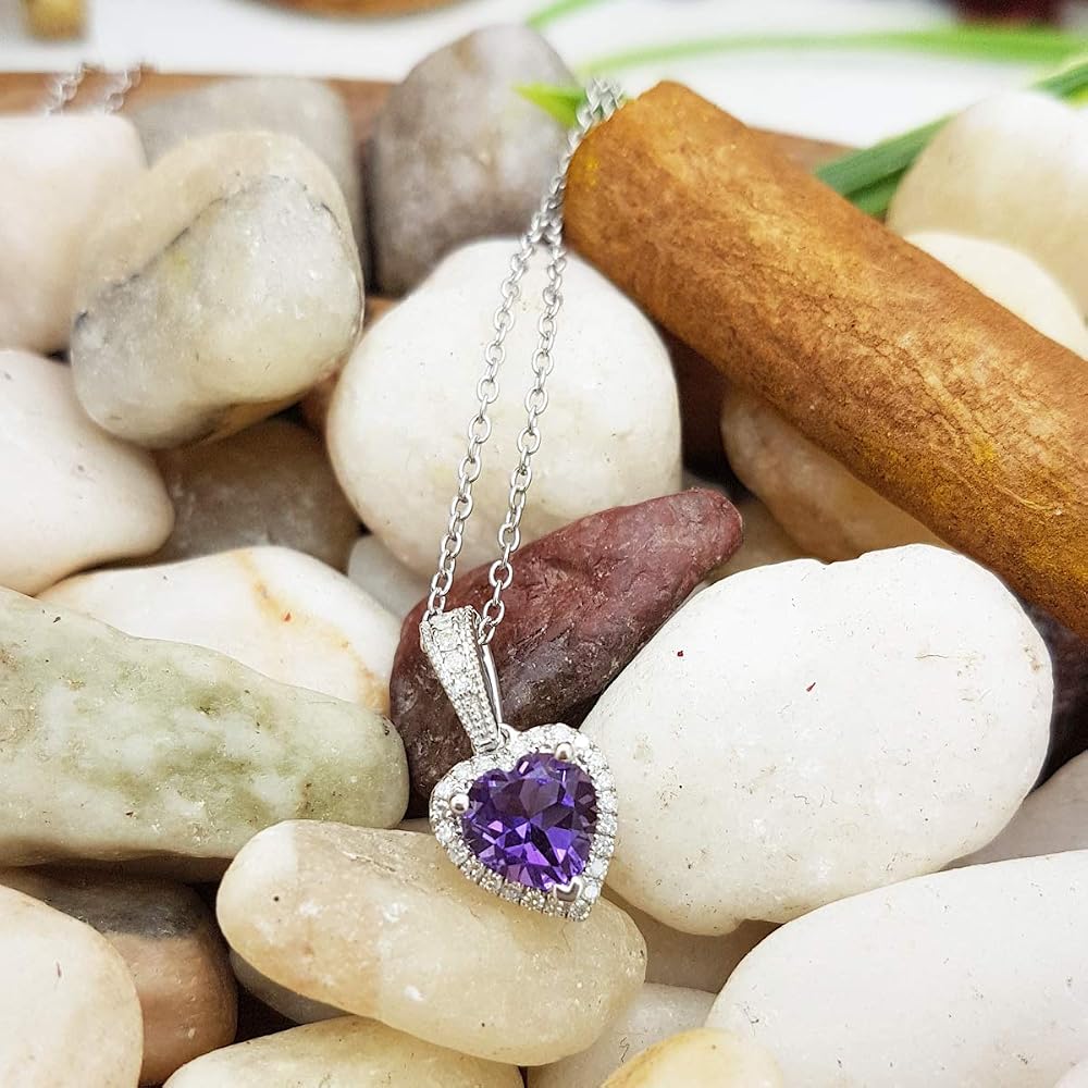 Dazzlingrock Collection 7mm Heart Gemstone & Diamond Halo Pendant On 18" Silver Chain - View #3