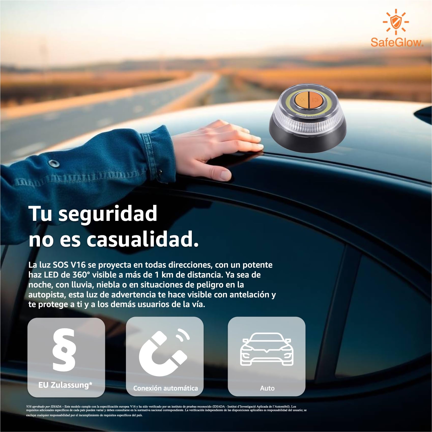 3x Safeglow® Luz de advertencia V16 UE Luz de emergencia IDIADA Autorización n.º PC21020060 - Triángulo de advertencia - Triángulo - para coche y moto (3x Luz V16)