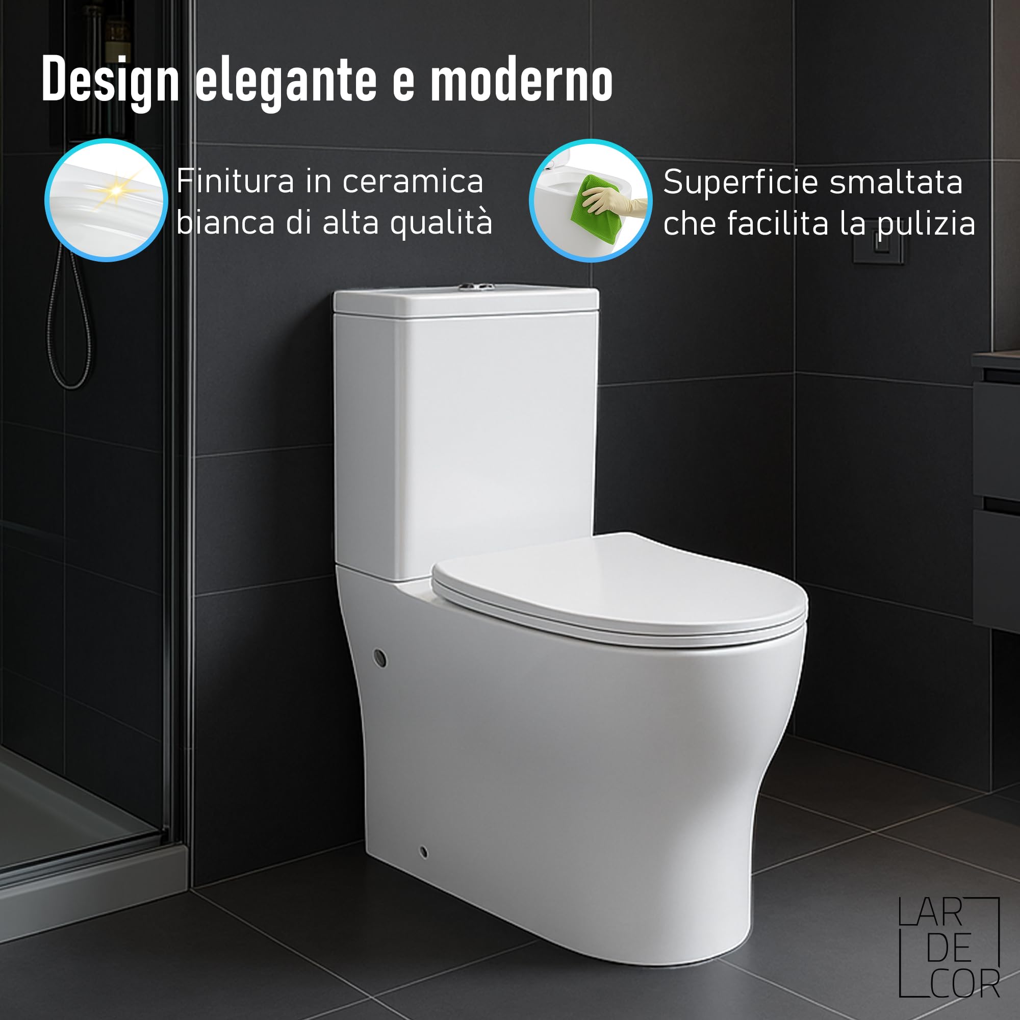 WC Completo Rimless | 605×370×800 mm | Sanitari Bagno in Ceramica a Terra con Sedile Duro Ultra Sottile, Funzione Soft-Close, Scarico Doppio a Risparmio Idrico e Uscita Duale (Bianco)