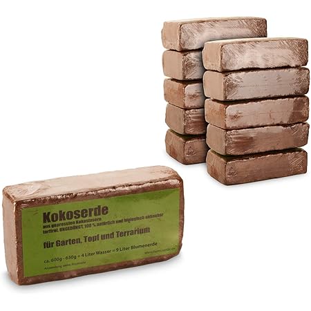 yayago Humus Brick – 10x Coconut Soil – 90 Litres Pressed Potting Soil Made from Coir Fibre – Peat-Free Unfertilised – 100% Natural and Biodegradable – for Garden, Pot and Terrarium 10x Approx. 650g