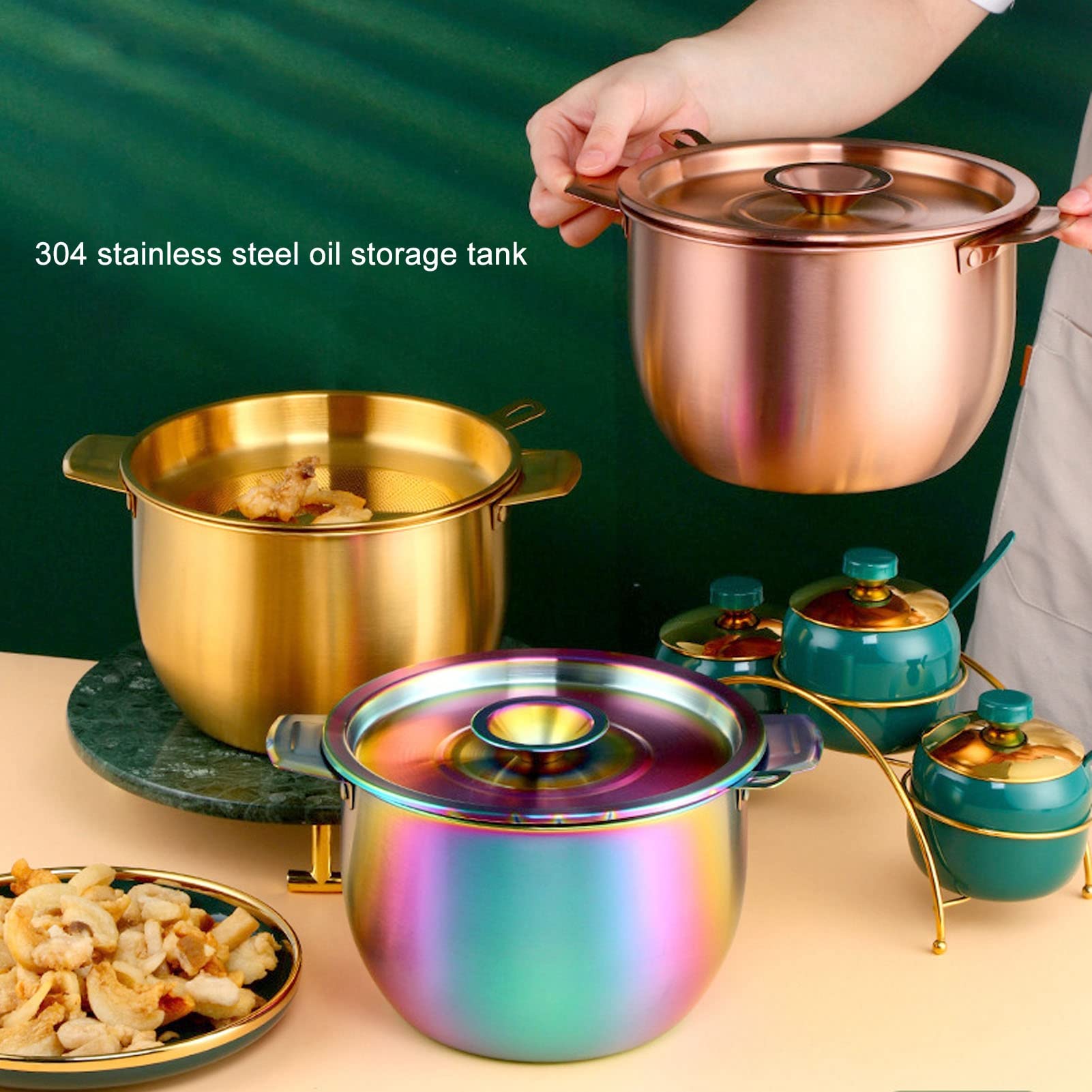 Recipiente para Grasa con Colador, Recipiente para Filtro de Aceite de Cocina de 2,8 L Recipiente para Aceite de Cocina de Acero Inoxidable con Colador de Malla Fina Y Tapa para Freír(Oro)