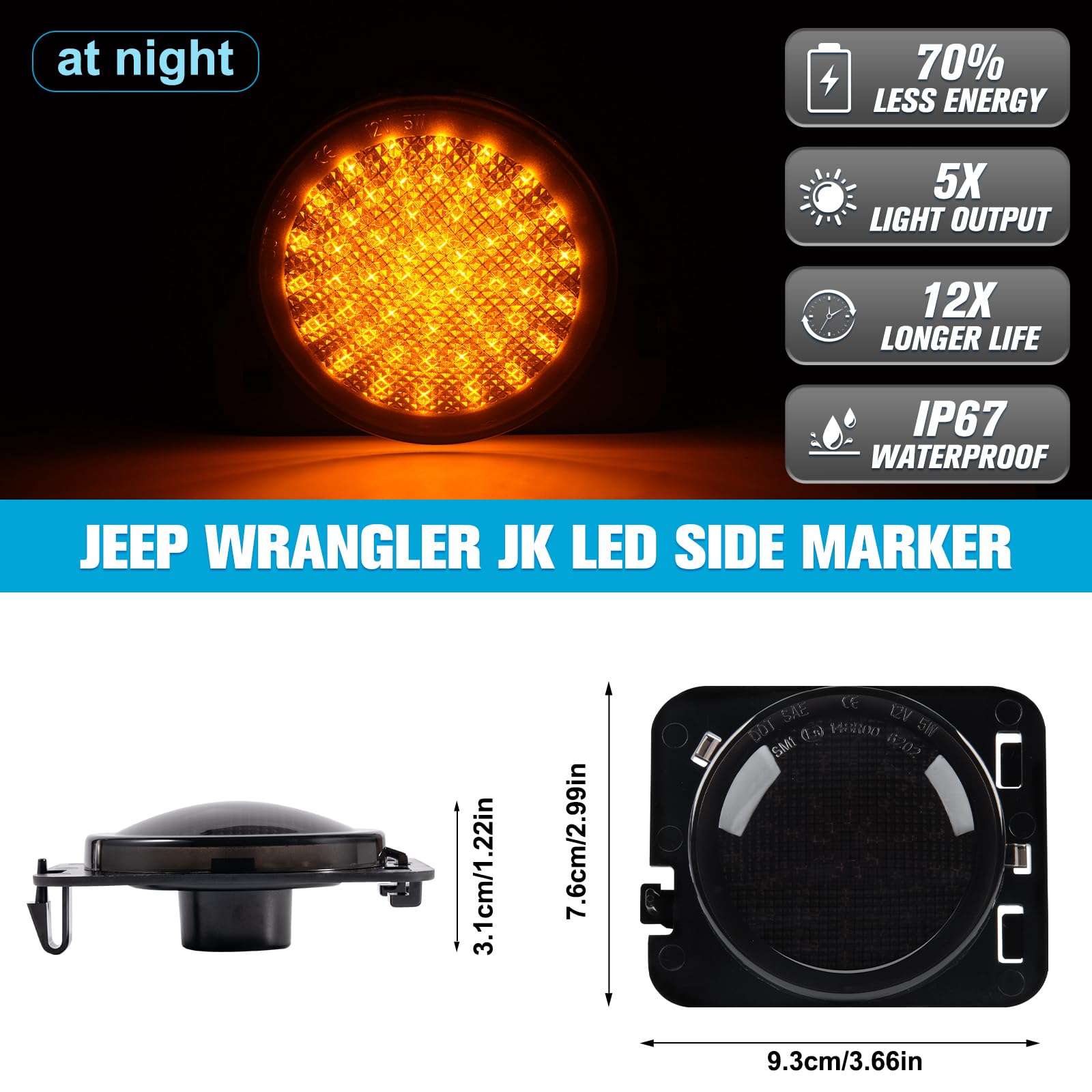 POPMOTORZ LED Clignotant Latéral pour J-eep Wrangler JK 2007-2015, LED Feux Latéraux avec Canbus Sans Erreur 4014 SMD, 2 Pièces