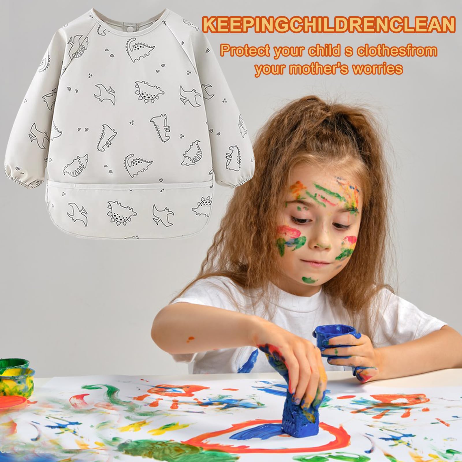 2PCS Bavoirs Manches Longues Bébé, Tablier Imperméable pour Enfants 2 à 3 Ans Motifs Arbre Dinosaure Bavoir Tablier Bébé pour Manger Jouer Peindre
