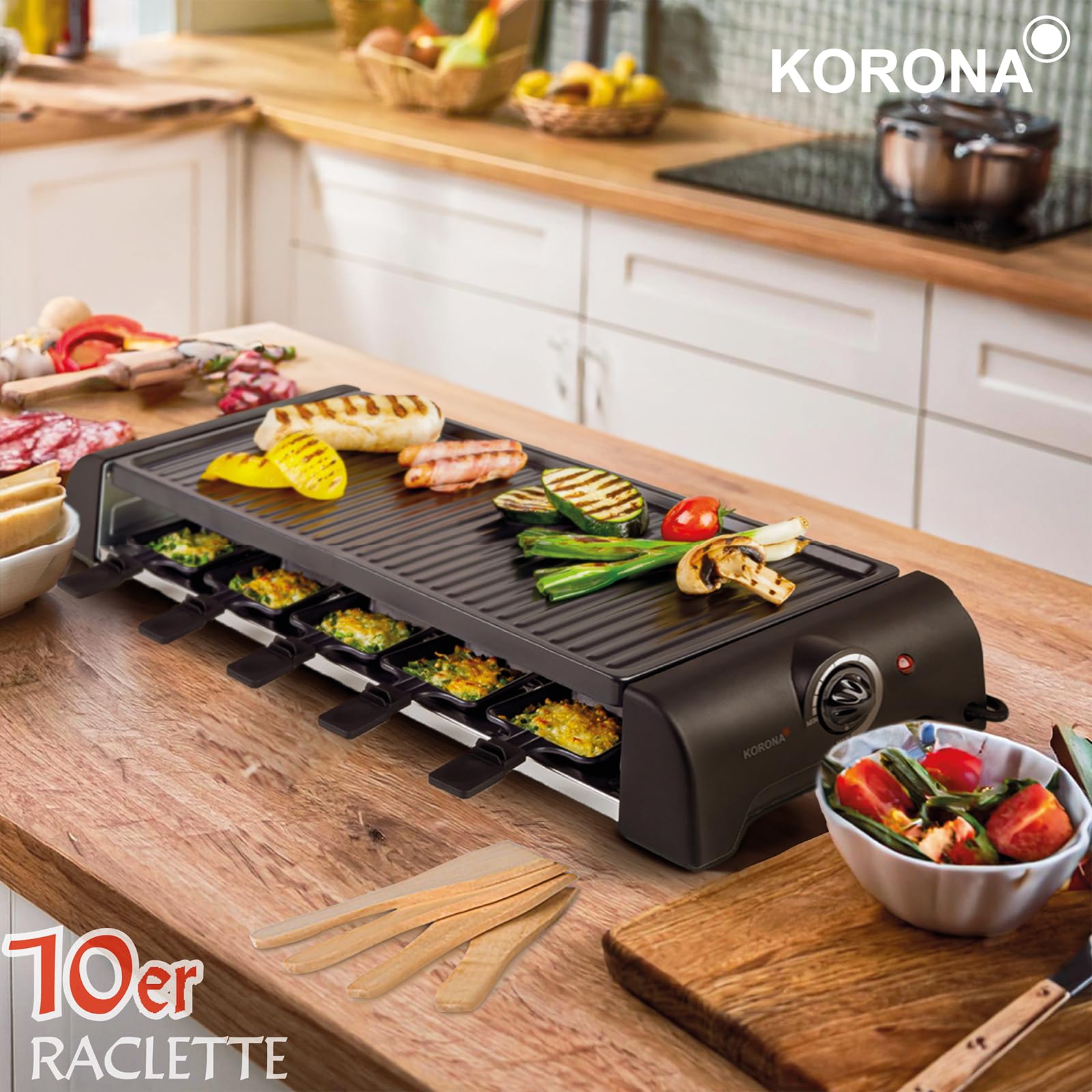 Korona 45060 Raclette per 10 persone | Raclette XXL con 10 padelle e spatole in legno | piastra antiaderente | cavo lungo 1,2 m | 1500 Watt, nero