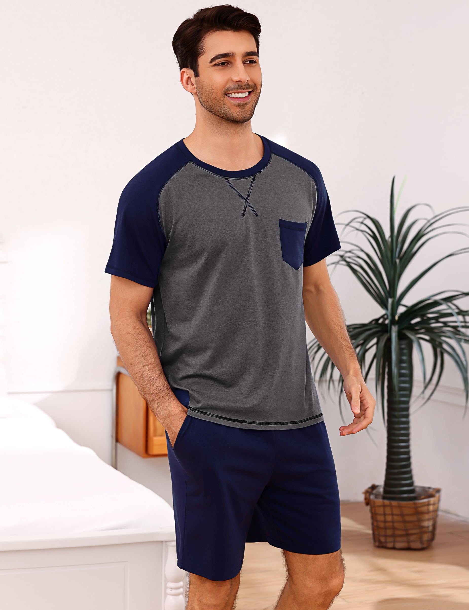 Aseniza Pyjama Homme Été Coton Court Short Ensembles de Pyjama Shorty Vêtements de Nuit Homme Manches Courtes Col Rond Confortables et Respirants