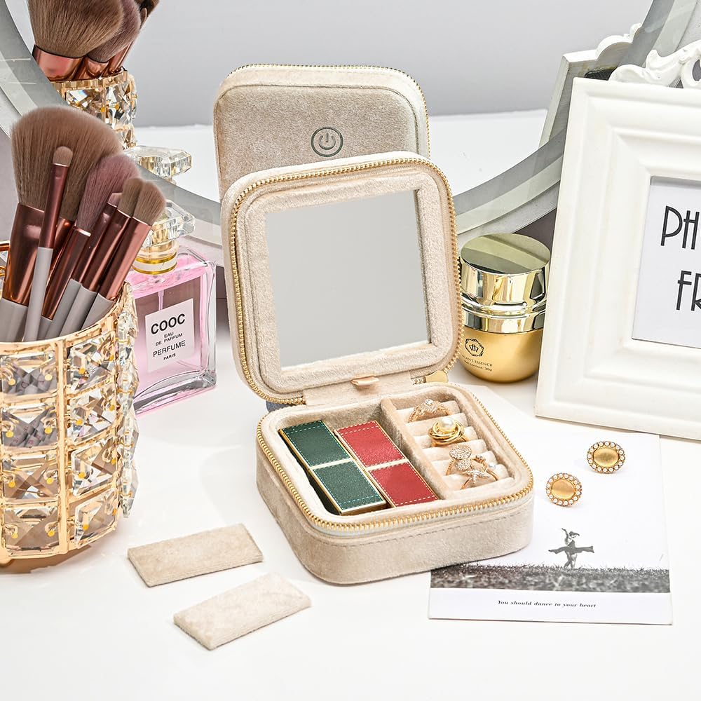 TAIMY Velvet Travel Jewelry Box with Mirror Unisex Portable Jewelry Organizer for Rings Earrings Necklaces Compact Gift Ready Velvet Case for Women and Men (Beige)