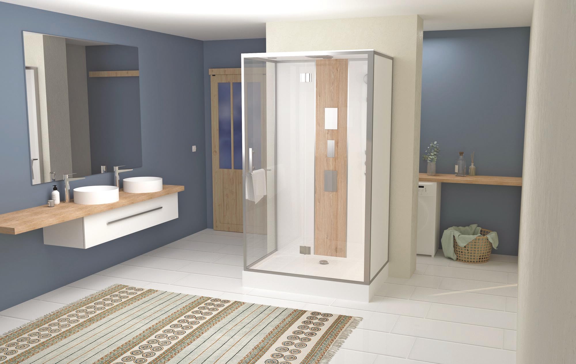 Cabina de hidromasaje SÖREN SLIM - Perfiles de cromo y madera - Acceso frontal con puerta pivotante de vidrio 6mm - 140x80x212cm - 2 rejillas de jets hidromasaje de metal cromado