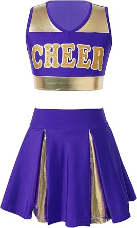Kids Girls Shiny Metallic Cheerleading Uniform Sleeveless Crop Top with Pleated Skirt Dance Outfits