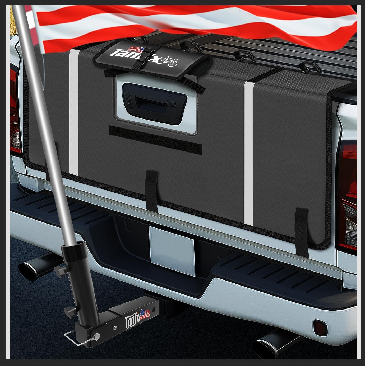 Tailgate Pad & Flagpole Holder | Heavy-Duty Pickup Truck Tailgate Pad for 5 Bikes + 2" Hitch Mount All-Metal Flag Pole Holder, Ideal for Mountain Biking, Camping, and Outdoor Adventures