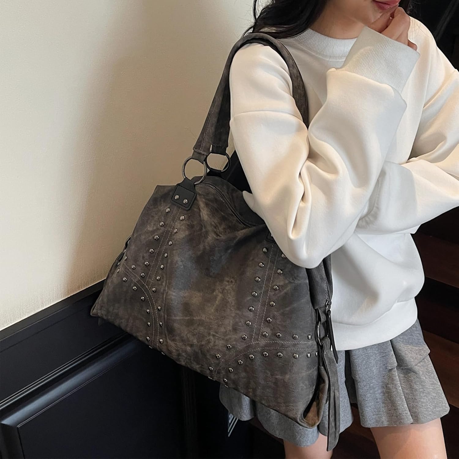 Studded Purse Trendy Faux Leather Studded Tote Handbag Top-Handle Hobo Bags Y2K Shoulder Bag Punk Purse for Women - Image 2