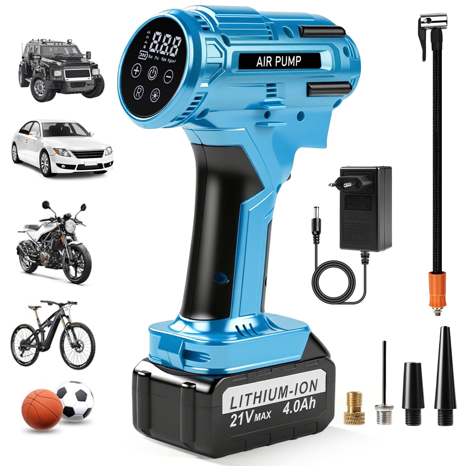 Compresor Aire Portatil Coche Bicicleta, 150PSI Inflador Ruedas Coche Bateria Recargable 4000mAh 21V, Inflador Neumáticos Electrico Bomba Inalámbrica Con LED Para Coche, Moto, Bicicleta, Pelota