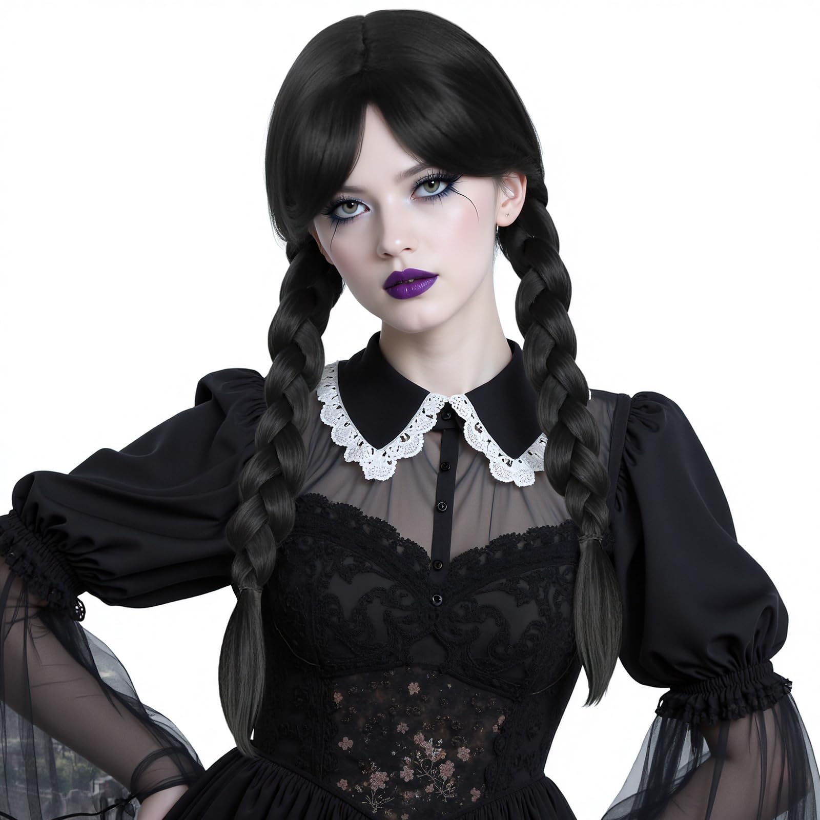 Hair Cap+ Black Braided Wig With Bangs for Women Long Straight Pigtails Wig for Women Synthetic Wigs with 2 Pigtails Gothic Costume for Halloween Party