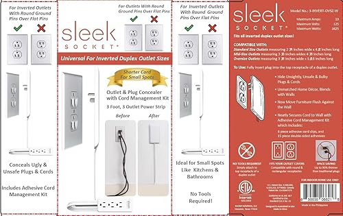 Miniatura 6 de Sleek Socket - El corrector de salida ultrafino original y patentado para salidas invertidas con kit de corrector de cable, 3 salidas, cable de 3