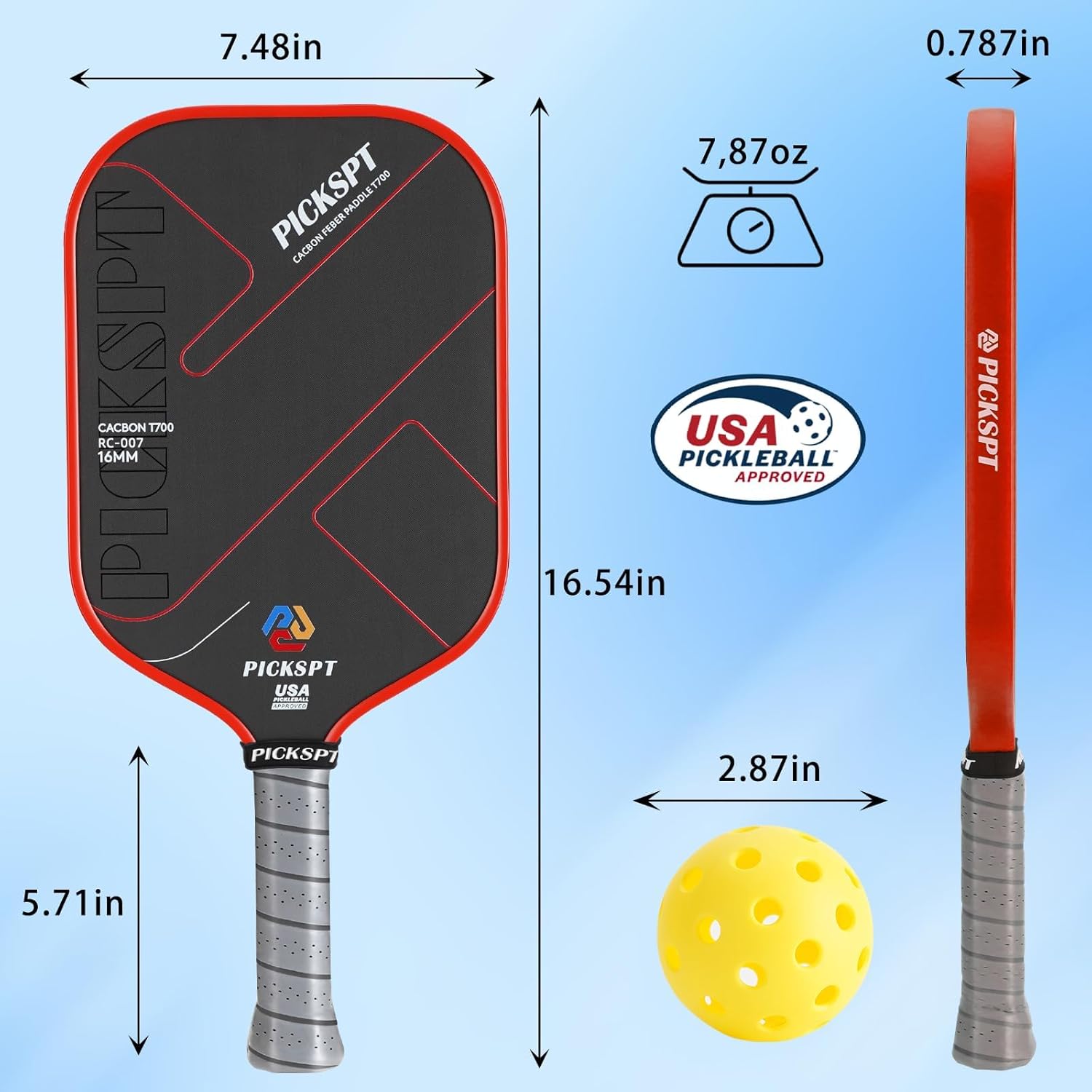 USAPA Approved Pickleball Paddles: 3K/T700 Carbon Fiber Surface, Polypropylene Core, Lightweight (7.8-8oz), with Pro Bundle (Balls, Grips, Bag) & Thermoformed—Single Paddle Option