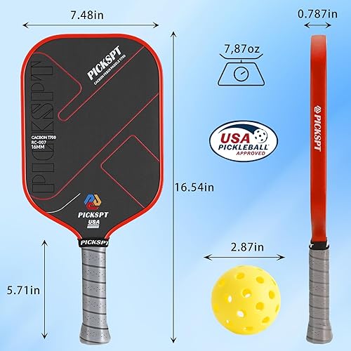 Miniatura 2 de USAPA Approved Pickleball Paddles 3KT700 Carbon Fiber Surface, Polypropylene Core, Lightweight (7.8-8oz), with Pro Bundle (Balls, Grips, Bag) &