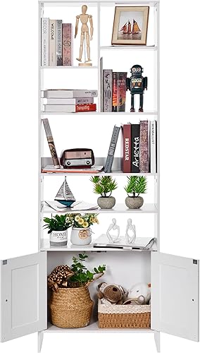Miniatura 9 de BEWISHOME Boocase de 6 niveles altos con puertas, estantería blanca con gabinete de gran espacio de almacenamiento, estantes para libros, estante